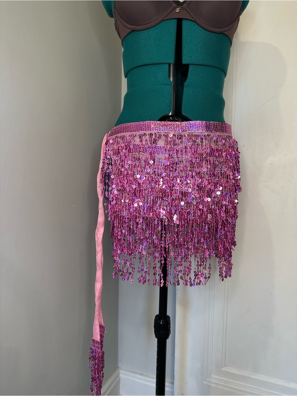 Pink Sequin Fringe Mini coverup with Tie rave or dance wear